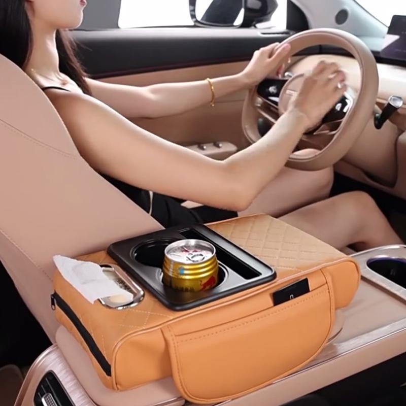 PU Leder Auto Armlehnenbezug mit Taschentuchbox Becherhalter Handyhalter Schaumstoff Konsolen Organizer Schutz Kissenbezug Höhenpolster