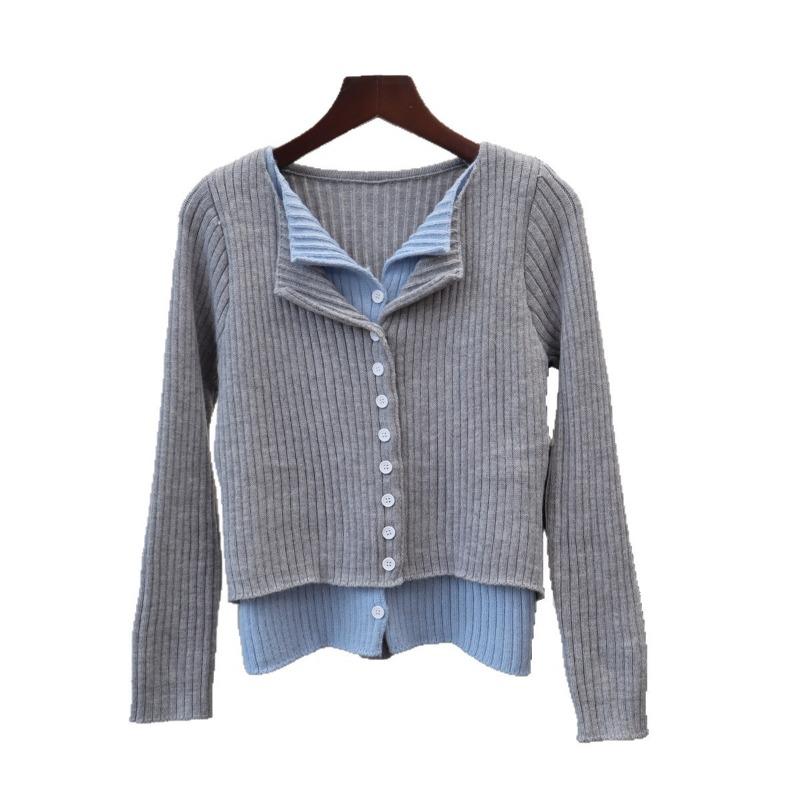 Contrasting color fake two-piece long-sleeved knitted cardigan autumn new slim-fitting and thin design bottoming top women