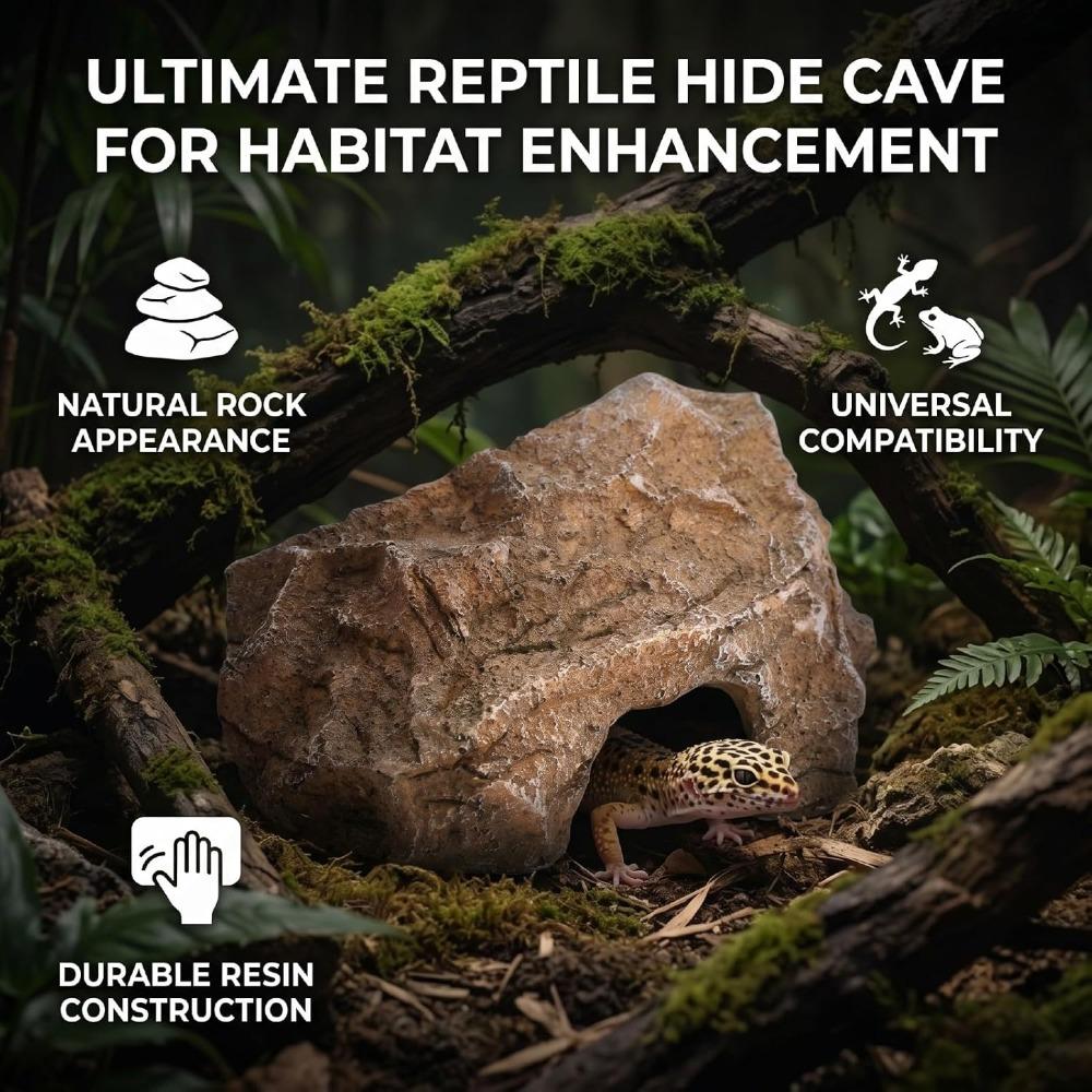 Odorless Reptile Hide Cave Flat Base Hideout Decor Decorative Natural Rock Design Pet Enclosure