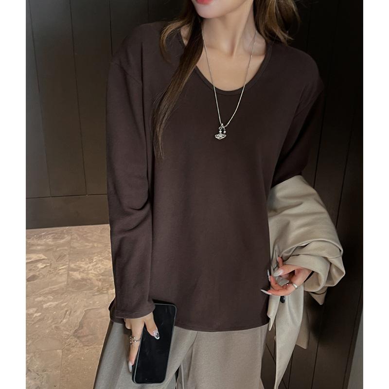 Autumn Winter V-neck Solid Color All-match Warm Bottomed Tee Women Long Sleeve Simple Fashion Pullover T-shirt Top