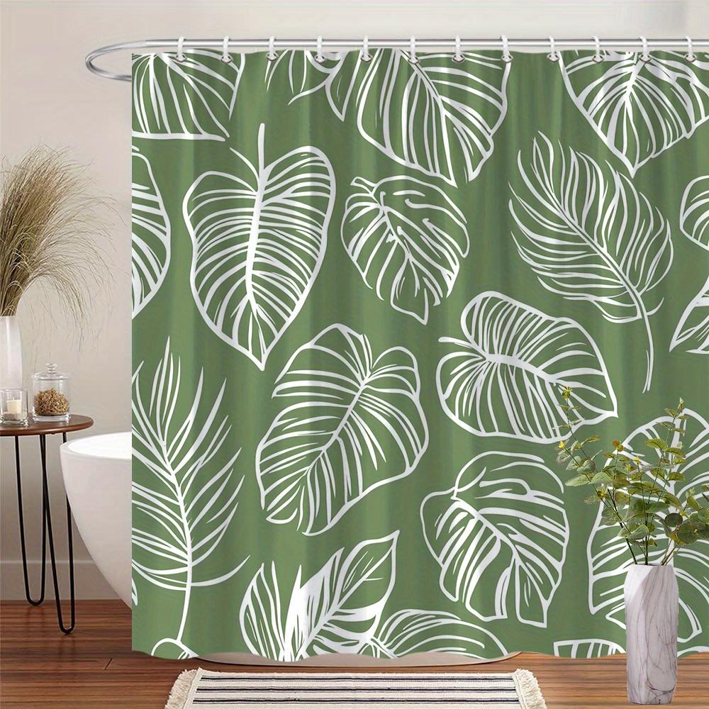 Tropical Leaves Shower Curtain 180x180cm – Olive Green Monstera Pilea Philodendron, Boho Minimalist Bathroom Decor, 12 Hooks