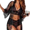 European & American Black Lace Three-Piece Women's Pajama & Robe Set - Sexy Temptation