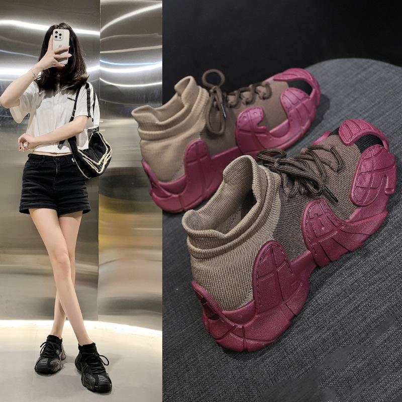 Elastic socks shoes women's 2025 new spring and autumn thick-soled fly-woven sports shoes lightweight running casual dad shoes