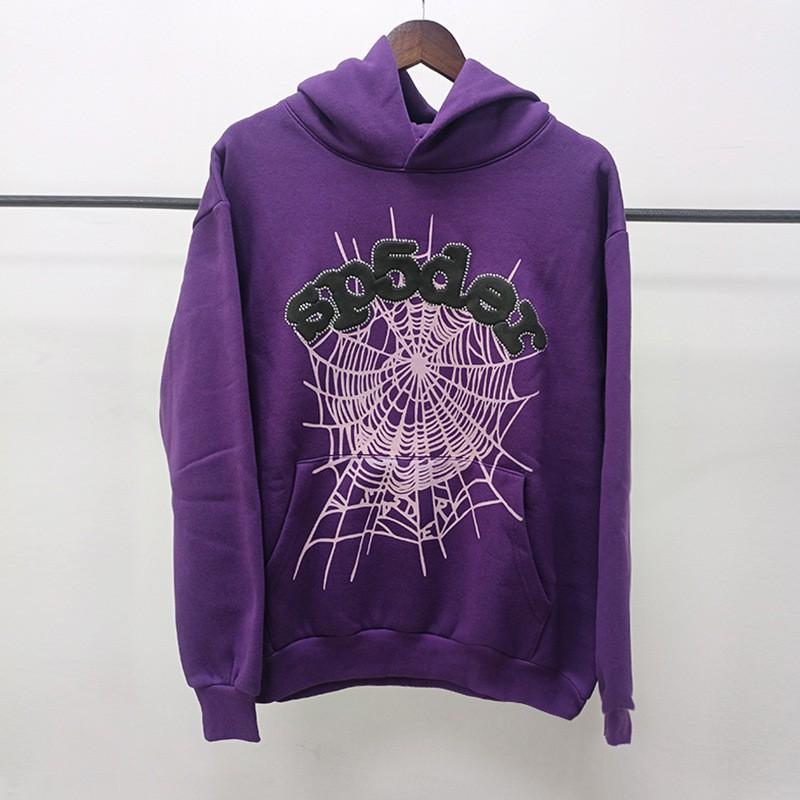 Felpa Sp5der Oversize Spessa in Pile con Stampa a Foglia Ragnatela Design Uomo Inverno Casual