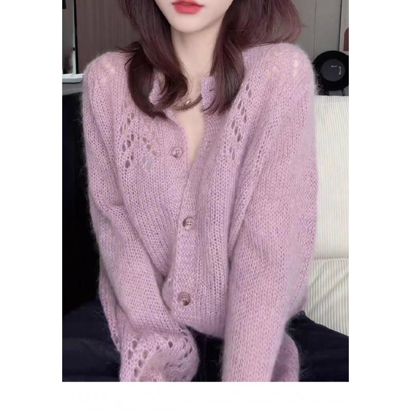 2024 Autumn/Winter Ladies' Pink Hollow Knit Sweater: Long Sleeve Wool Top