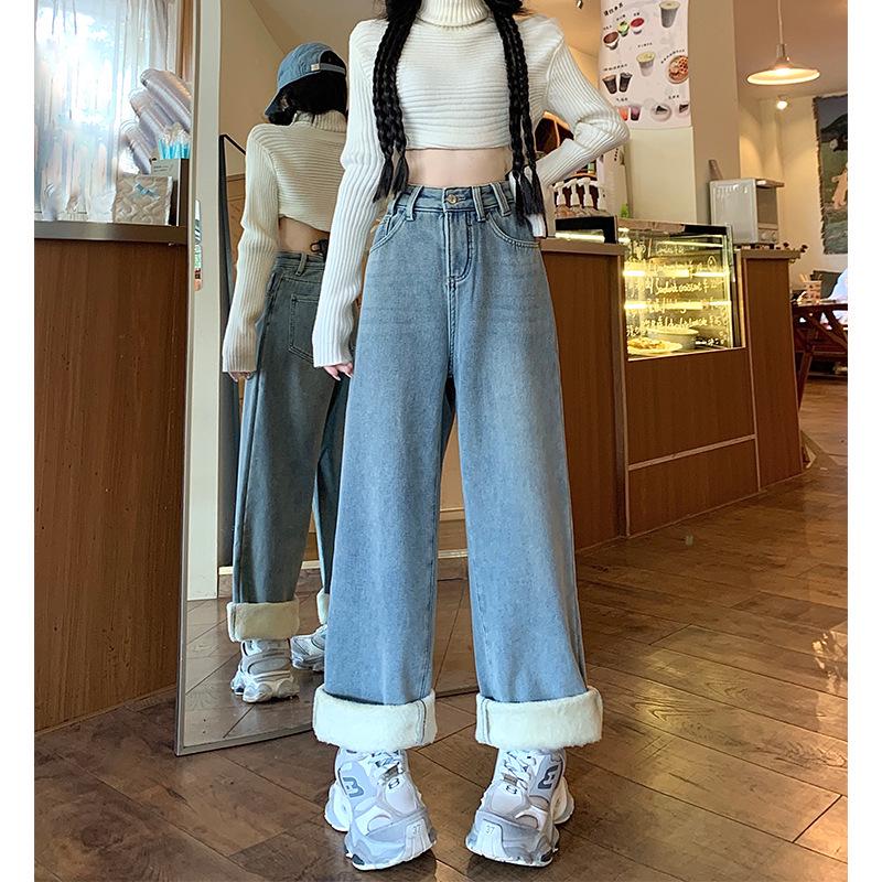

Women s Plus Size High Waist Fleece-Wide-Leg Jeans - Autumn/Winter 2024 2XL