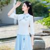 Chinese Retro Embroidered Cotton Linen Tang Suit & Wide-Leg Pants Two-Piece Set for Women