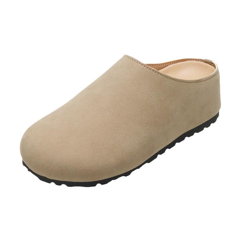 2025 autumn and winter new flat-bottomed lazy one-pedal half slippers matte leather retro bag head slippers women