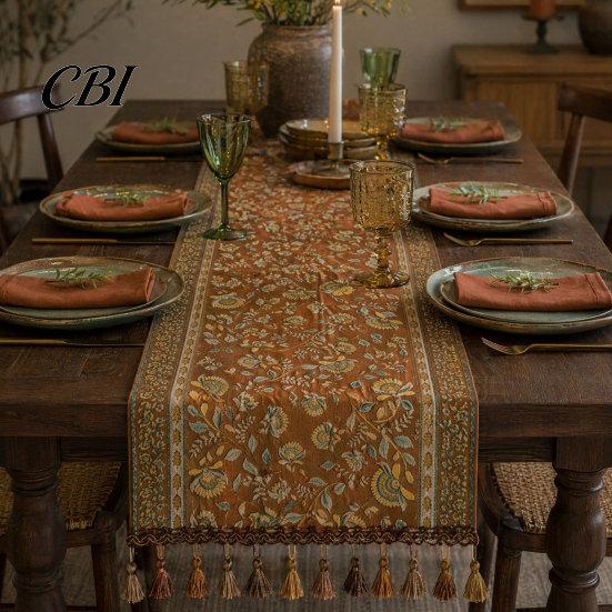 Tassel Edge Table Runner Jacquard Runner, Vintage Floral Elegant Home Decor Accessory with Tassels for Dining Party Scratch Protection