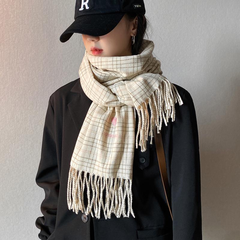 

Люблю бежевый клетчатый шарф женский осенне-зимний новый студенческий имитация кашемира шаль двухцелевой шарф