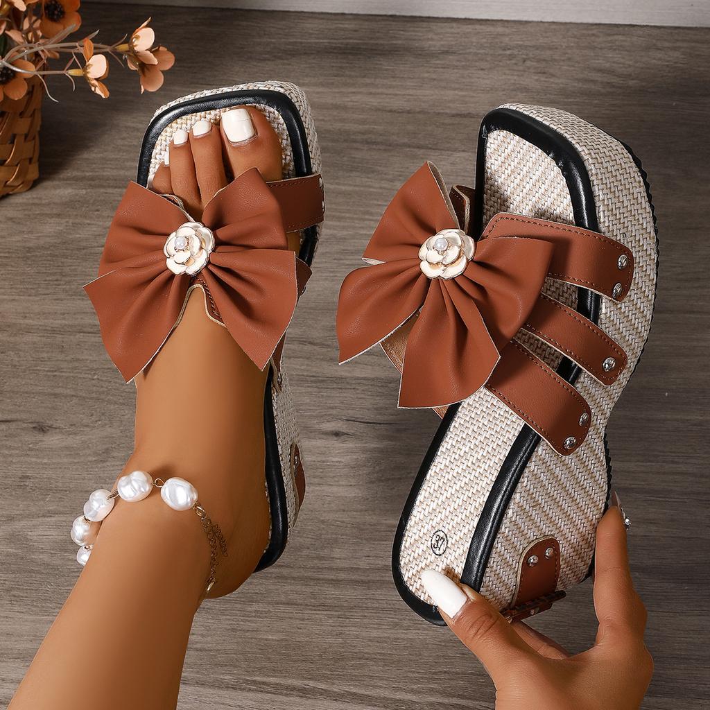 Fashion Wedge Thick-Soled Women's Sandals 2025 Summer Rivet Belt Buckles Bow Shoes Platform Slippers Open-Toe Slip On Sandalias De Mujer