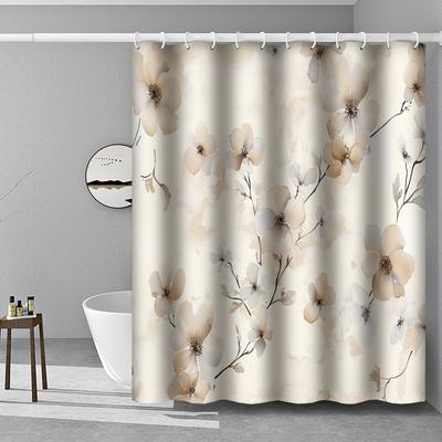 1 peça Cortina de Chuveiro Floral em Aquarela de Alta Qualidade - Tema Floresta Bege e Amarelo Trigo Mel, Lavável à Máquina com Ganchos