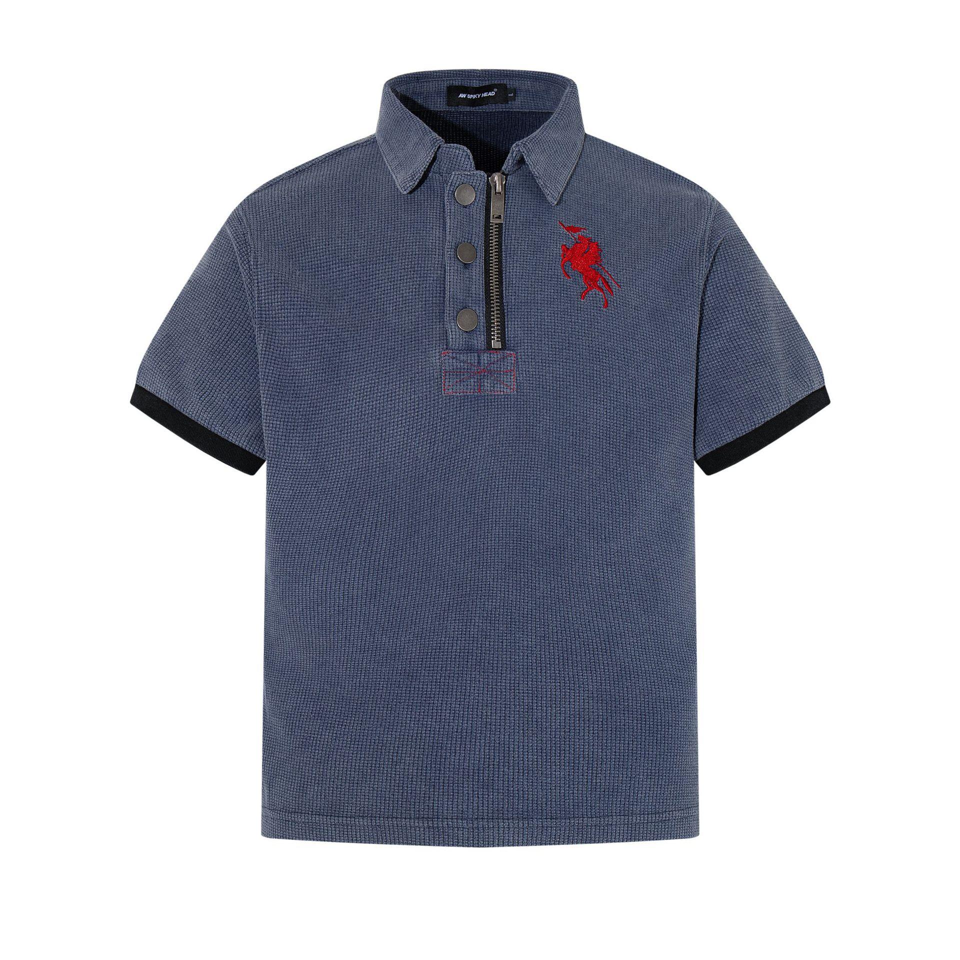 Summer heavyweight men s turn-down collar T-shirt, American vintage washed distressed waffle polo shirt M