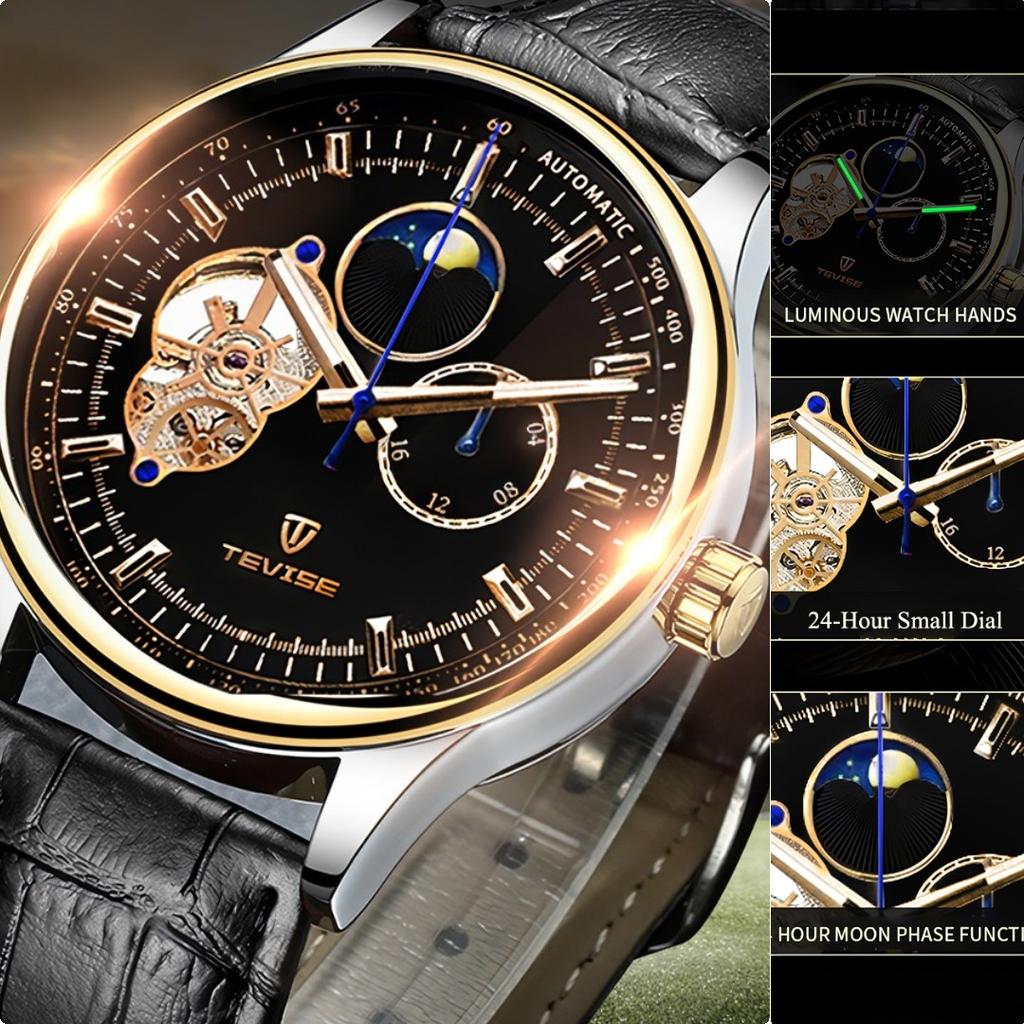 Pánské plně automatické mechanické hodinky Tourbillon s dutým ciferníkem 24hodinové okénko s fází měsíce Business Vodotěsné noční svítící pánské módní mechanické hodinky