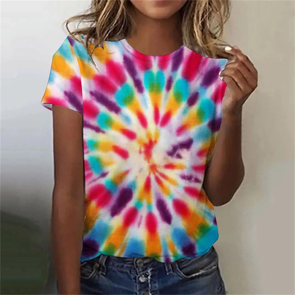 Colorful Tie Dye Pattern 3d Print T-shirts Women O-neck Short Sleeve T Shirt Y2k Harajuku Oversized Tees Tops Female Clothing