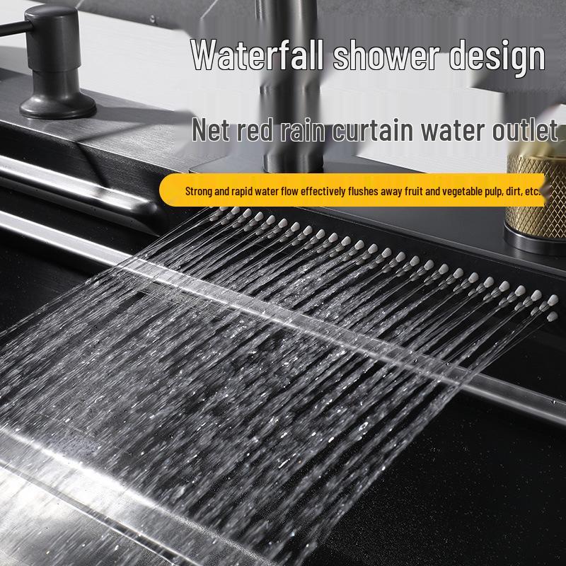 Stainless Steel Kitchen Sink with Nano Coating, Pull-Out Rain Shower, and Large Single Bowl for Vegetable Washing.