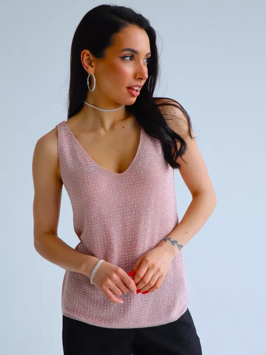 

Европейская трикотажная футболка-жилет с V-образным вырезом, полностью инкрустированная бриллиантами - Модное летнее многослойное решение One Size розовый