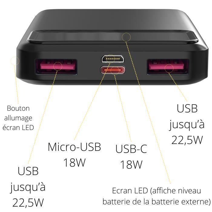 Batterie externe 10000mAh USB USB-C micro-USB Charge Rapide écran LED Phonillico®