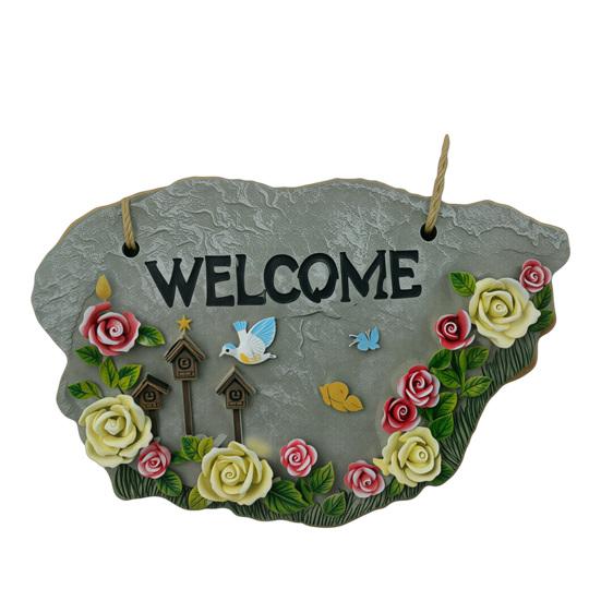 

Resin Garden Welcome Sign with Flowers Birds Decorative Outdoor Garden Stone Plaque with Hemp Rope for Rustic Yard Lawn Patio Home Decor D