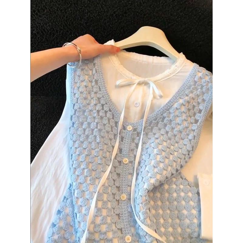

Chic Bow White Shirt with Fashionable Layering Vest - 2026 Design 3XL (140-160 Jin)