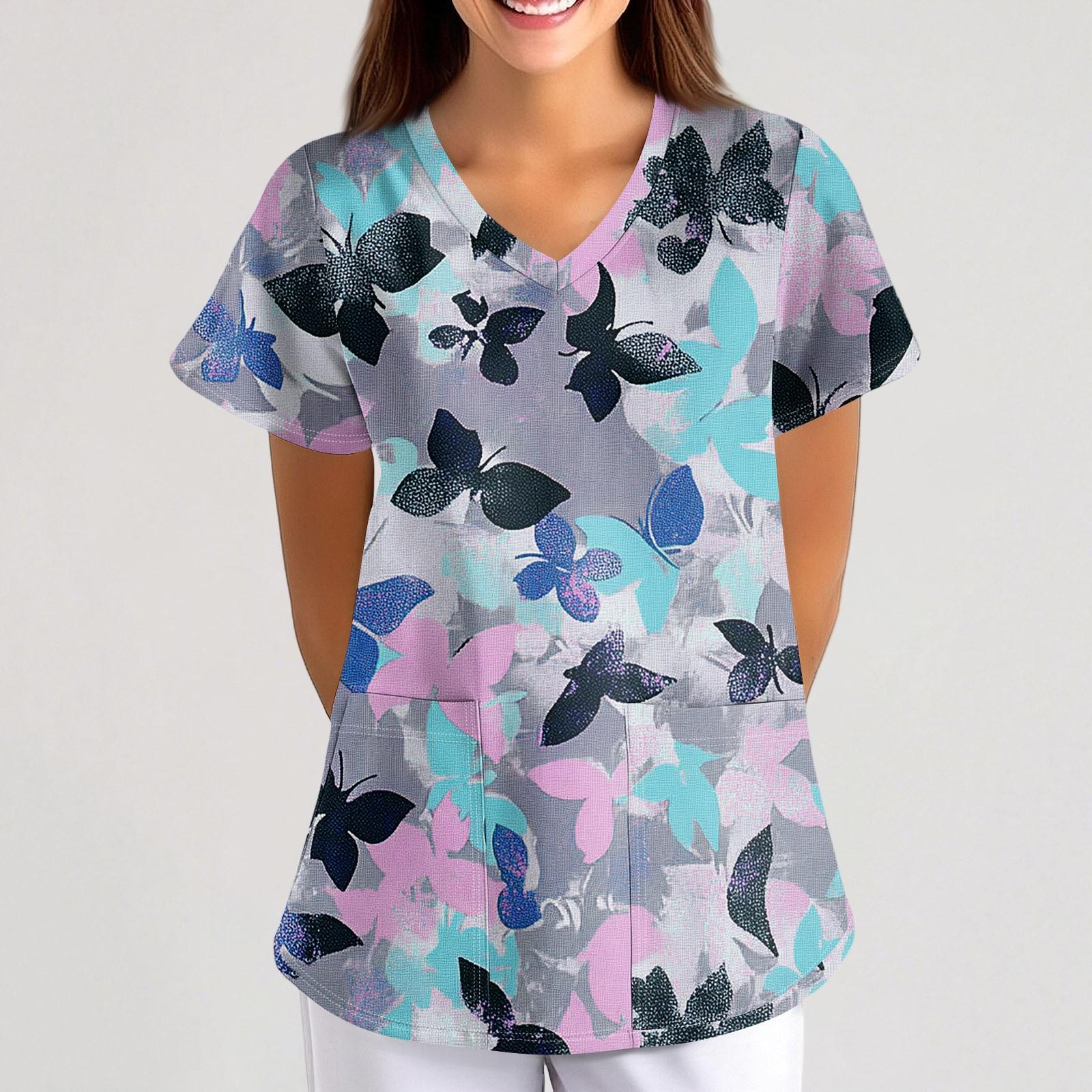 

Плюс размерСкраб с принтом Рабочая форма Топы для женщин Крест V-образным вырезом Хэллоуин Принт с короткими рукавами Забавные футболки Спецодежда Футболка с карманами XL