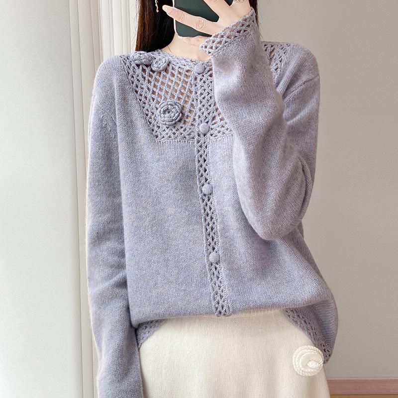 Autumn Style Heavy-Duty Crochet Knit Wool Cardigan: Women's Fashionable Hollow-Out Sweater Coat, Solid Color.
