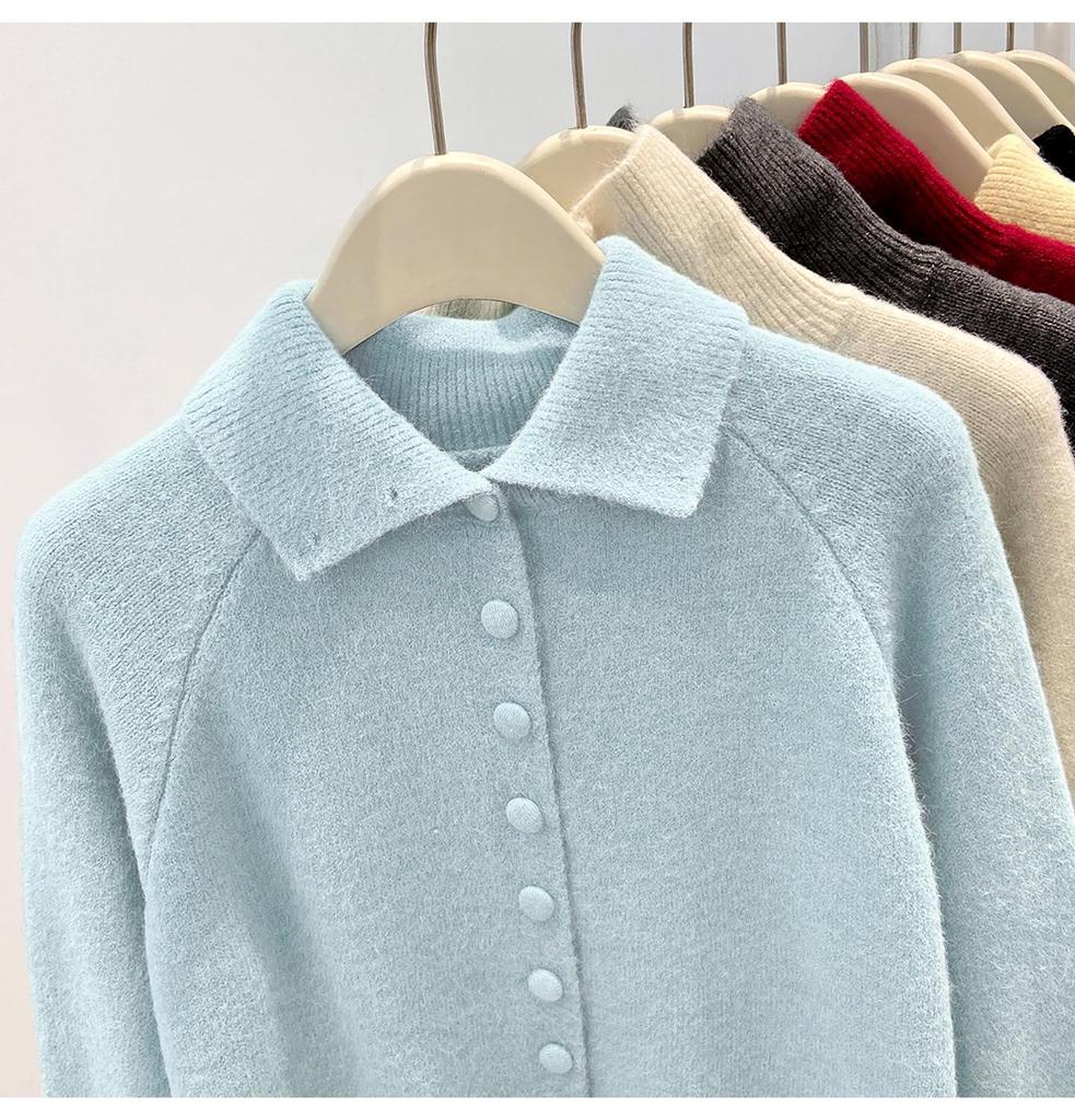 Women's Polo Collar Knitted Cardigan - Thick, Stylish, High Collar, Single-Breasted for Autumn and Winter