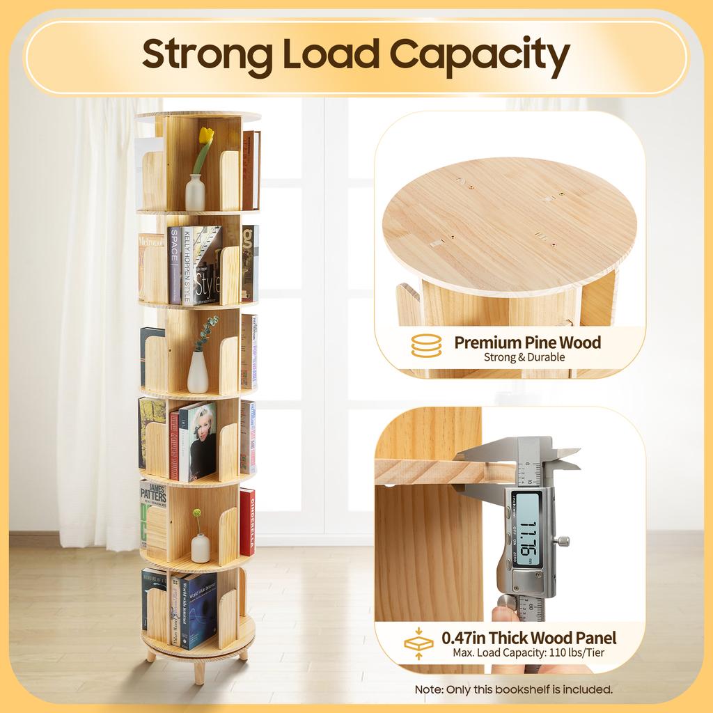 6 Tier Bookshelf Wooden Bookcase 360° Rotating Book Storage Racks Living Room Book Organizer Floor Stand Bedroom Book Holder