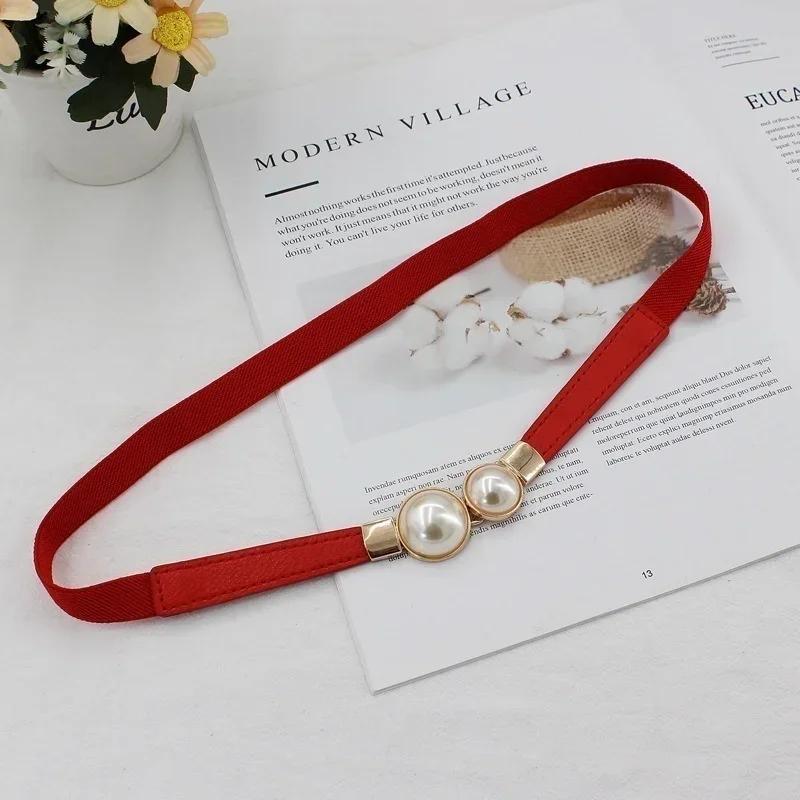 Elegant Double Pearls Buckle Elastic Women Belts Thin Straps Lady Girl Dress Skirt Decor Waistbands Trouser Dress Decoration