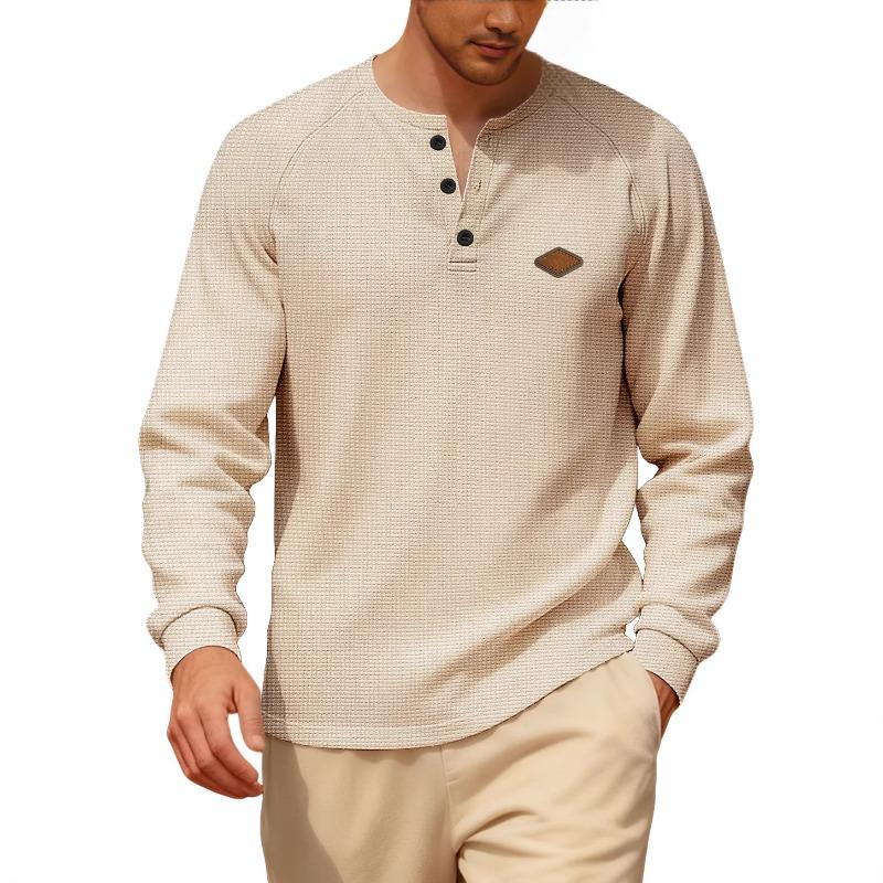 Men's American Casual Waffle Knit Henley T Shirt, Long Sleeve Raglan Button Quick Dry Thin Top for Spring Autumn