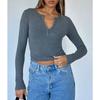 Top da Donna Y2K Sottile alla Moda con Righe a Coste Filettate, Bottoni, Maniche Lunghe, per Primavera e Autunno