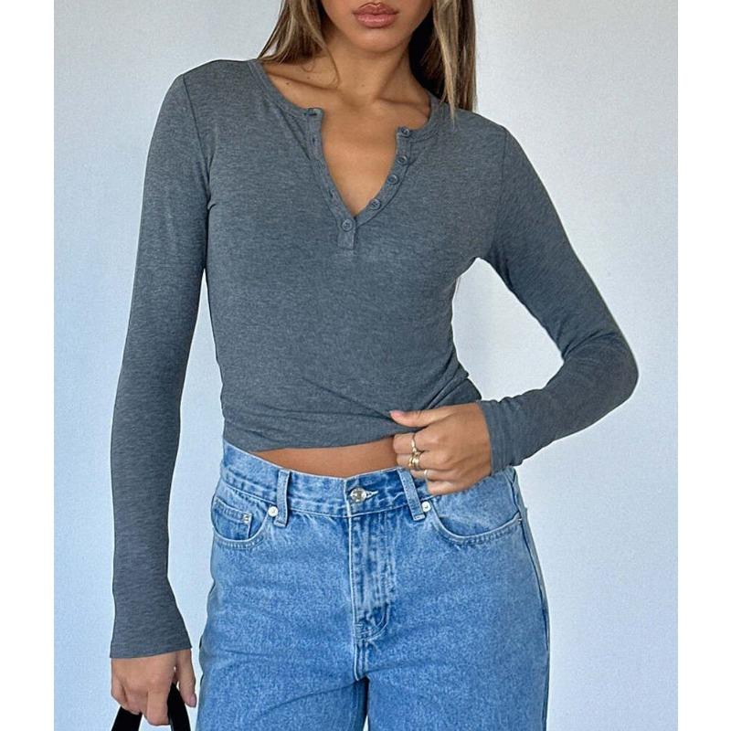 Jarní a podzimní dámský Y2K slim módní žebrovaný top s knoflíky a dlouhým rukávem