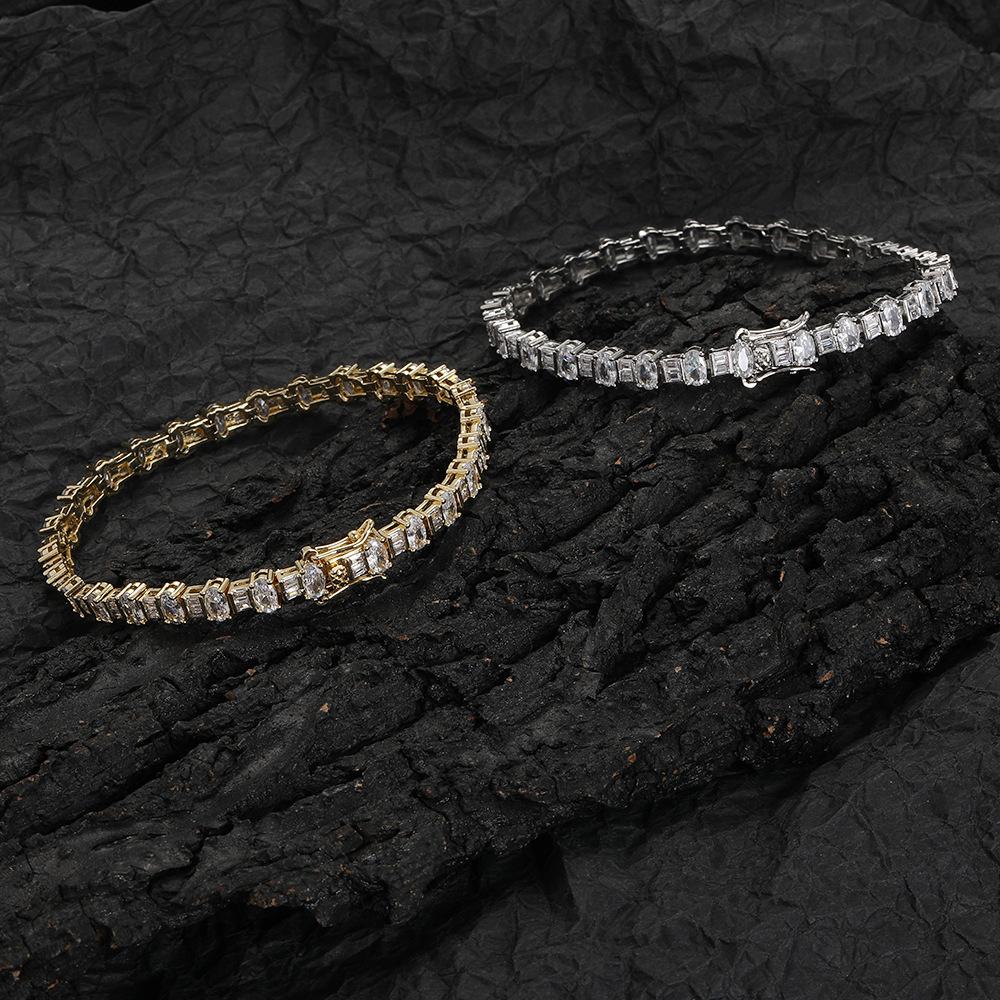 Alternating Oval Baguette 5A CZ Tennis Bracelet Copper Zircon Chain for Couples, Factory Bulk Supply Fashion Gift Stores Ready