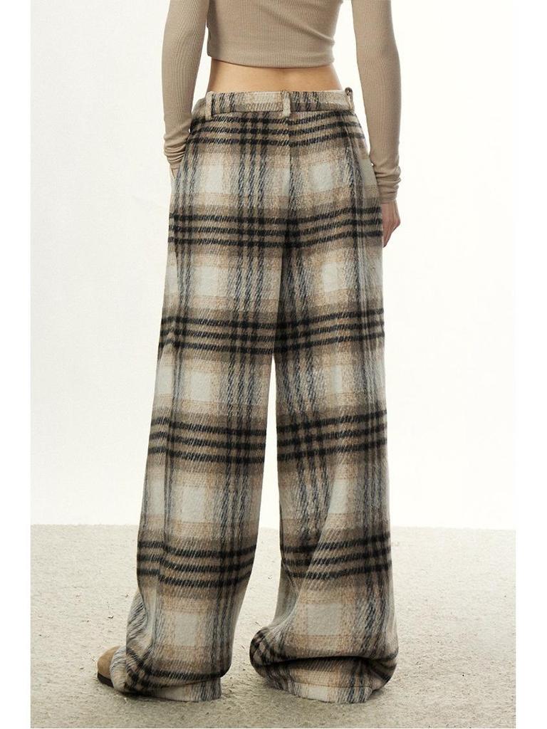 Women's Retro Plaid Wool Wide-Leg Pants - Loose, Versatile Design for Autumn/Winter