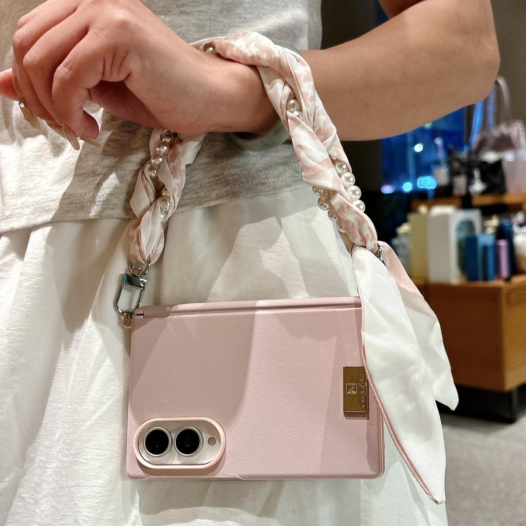 Fashion Pearl Silk Scarf Wrist Strap Leather Phone Case for Samsung Z Fold 8 Wide Shockproof Lens Protrusion Portable Slim Cover