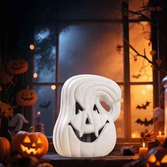 Large LED Lighted Pumpkin Statue Halloween Curved Pumpkin Lamp Autumn Farmhouse Tabletop Centerpiece for Home Porch Room Mantel Decor