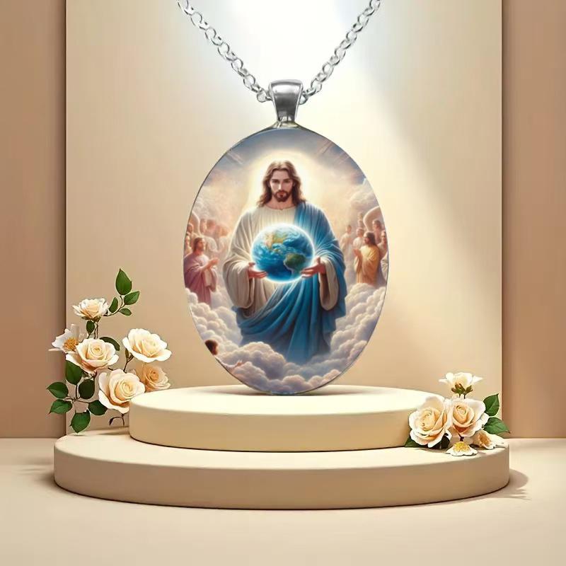 A light of faith Jesus holy blessing pendant Christian faith gift time gem glass pendant necklace suitable for men and women to wear every day