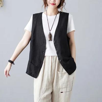 Cotton and Linen Vest Thin Coat Summer Loose Collar Outer Vest Solid Color Casual Sleeveless Waistcoat