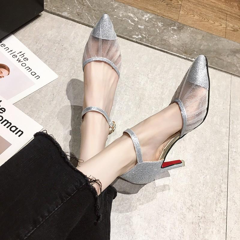 Thin High Heels Pointed Toe Women Pumps Woman Two Piece Ankle Strap Shiny Party Shoes for Ladies Wedding Bridal Shoes