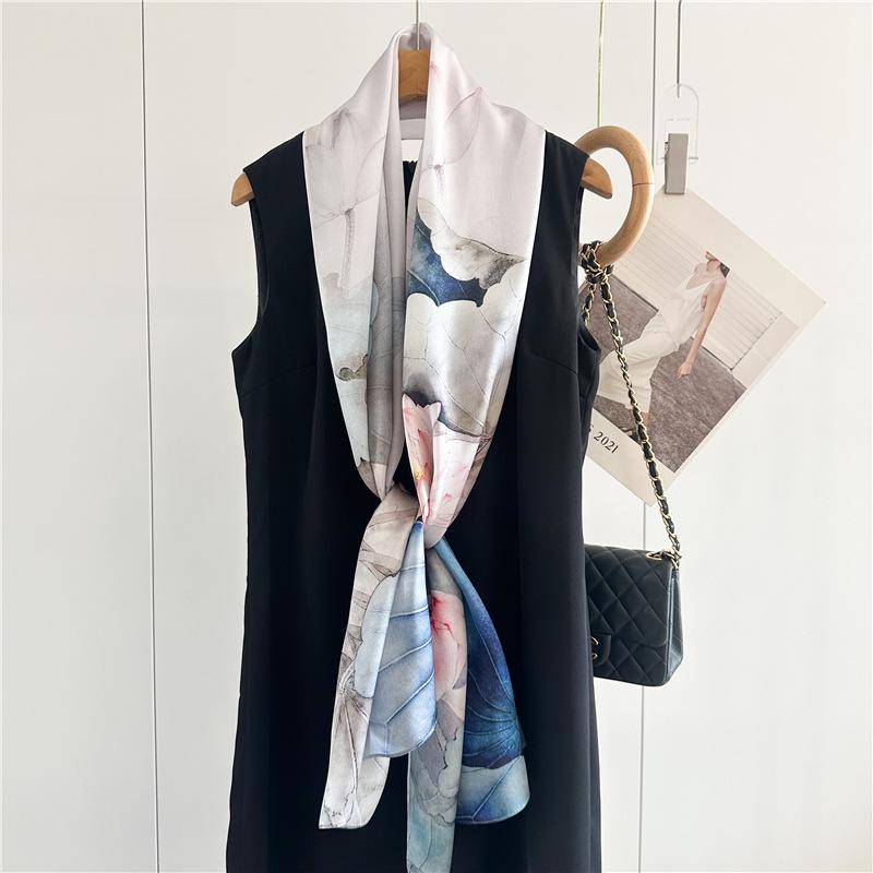 170*53cm Luxury 100% Mulberry Silk Scarf Printed Satin Shawl Lightweight Spring Summer Wrap Elegant  Accessories