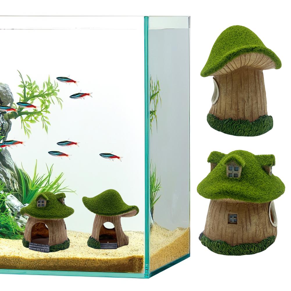 Aquarium Decoration Mushroom House Resin Fish Cave Shrimp Hideout Shelter Moss Mushroom Small House Decor for Home Fish Tanks