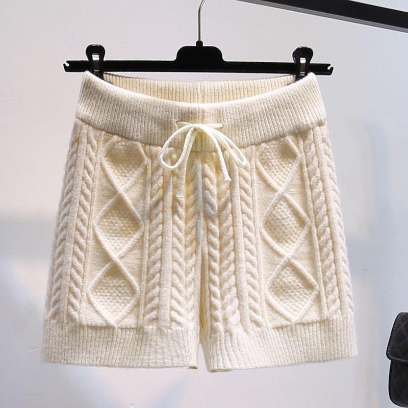 

Women s Braided Knit Shorts Solid Color High-waisted Diamond Knit Straight-leg Shorts Autumn Winter L білий