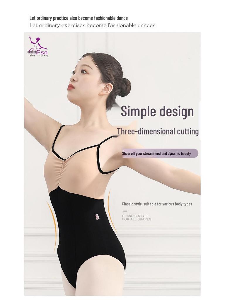 Fushinu Damen Farbblock Geraffte Taille Gymnastiktrikot Ballett Übungskleidung