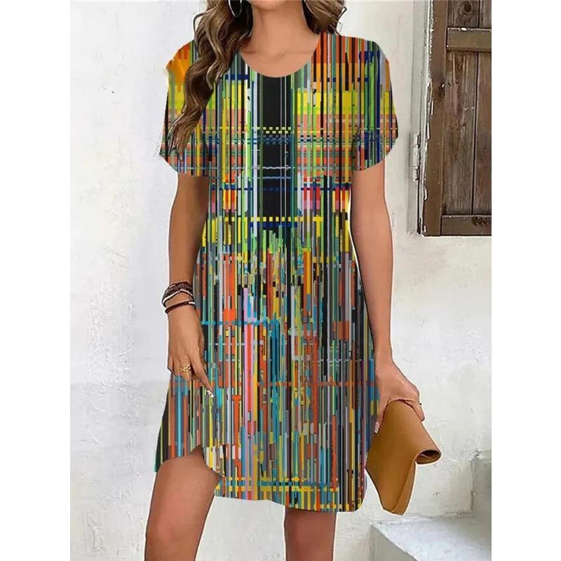 Sommer Damen 3D-Druck Rundhals Kurzarm Kleid Mode Vielseitig Trend Atmungsaktiv Lässig