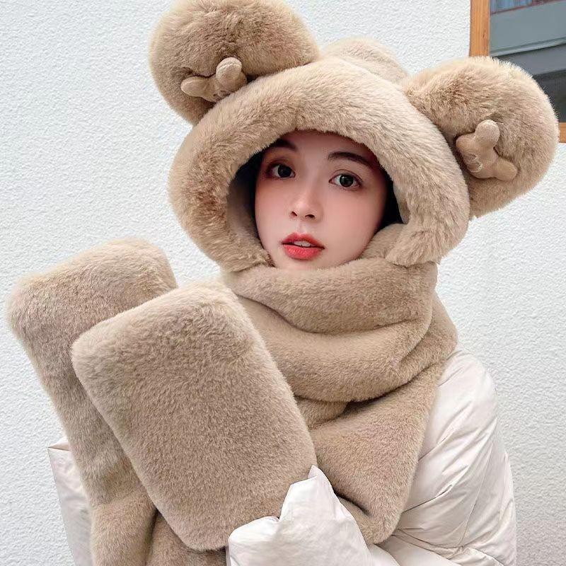 Bear hat women's winter versatile scarf integrated thickened cute cycling ear protection warm scarf three-piece set
