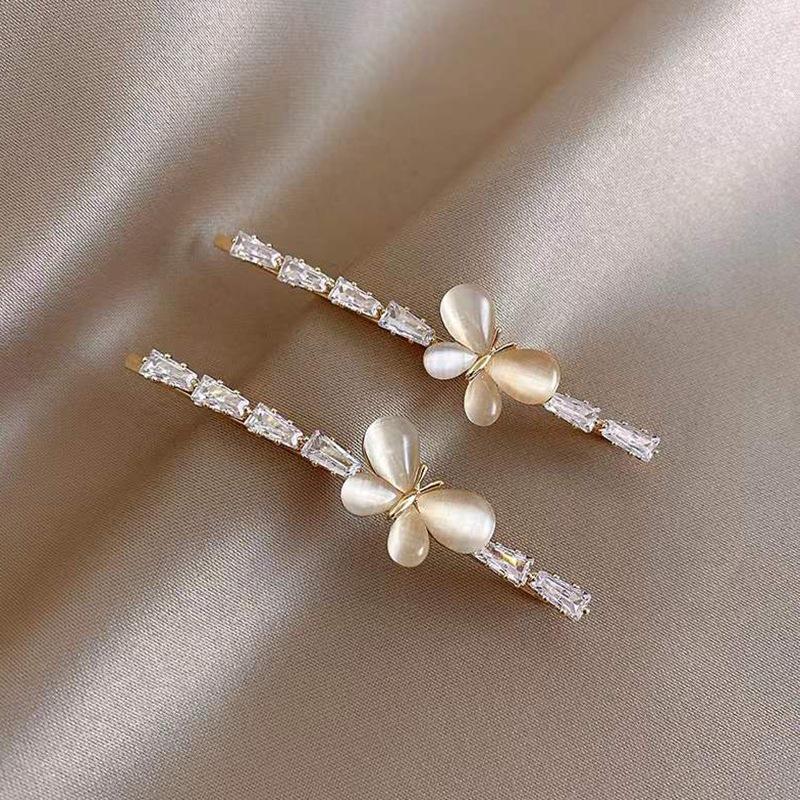 Perlen Katzenaugen Strass Blume Haarspange - Elegante Seitenklammer für Pony und krauses Haar