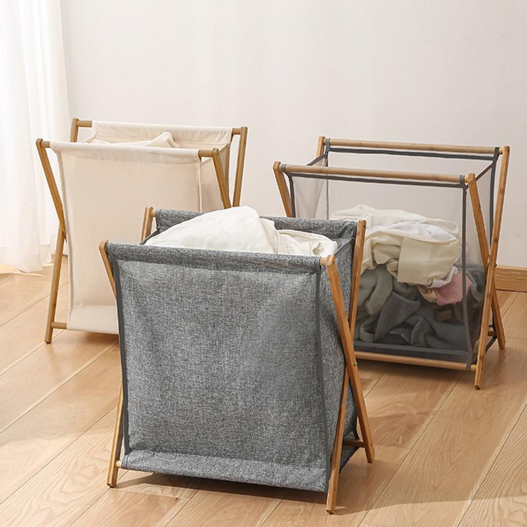 Collapsible Bamboo Frame Laundry Hamper Clothes Storage Basket for Bathroom Bedroom Size S