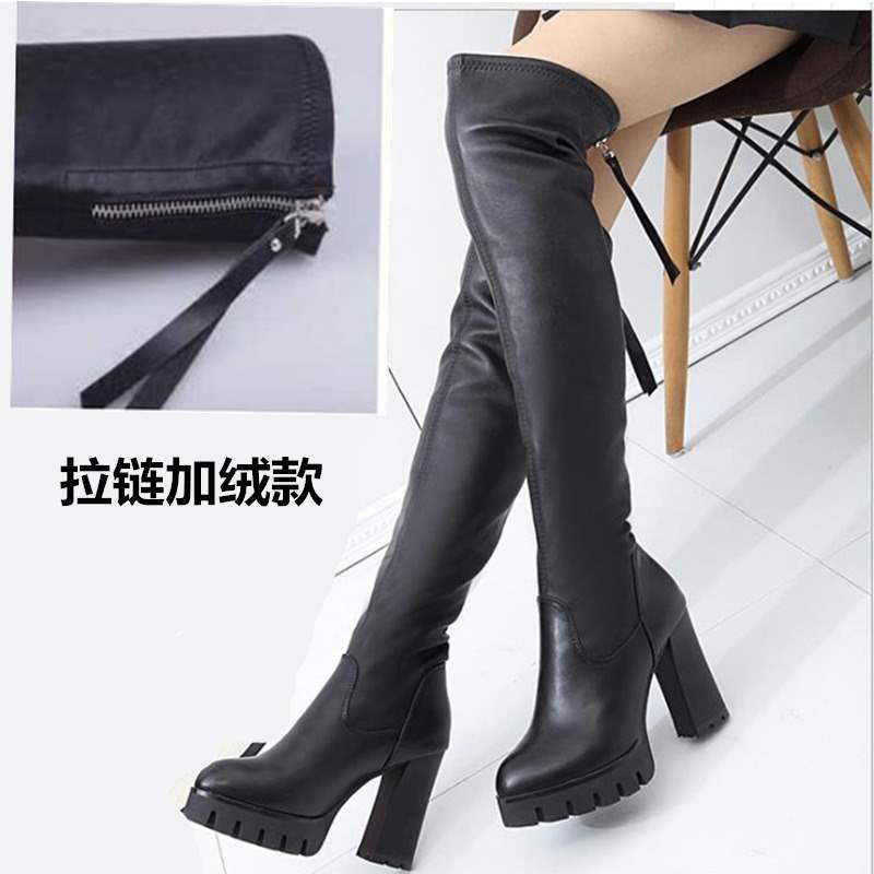 Winter new velvet thick heel knee boots Korean version versatile women's leather boots women's boots high heel boots velvet high boots
