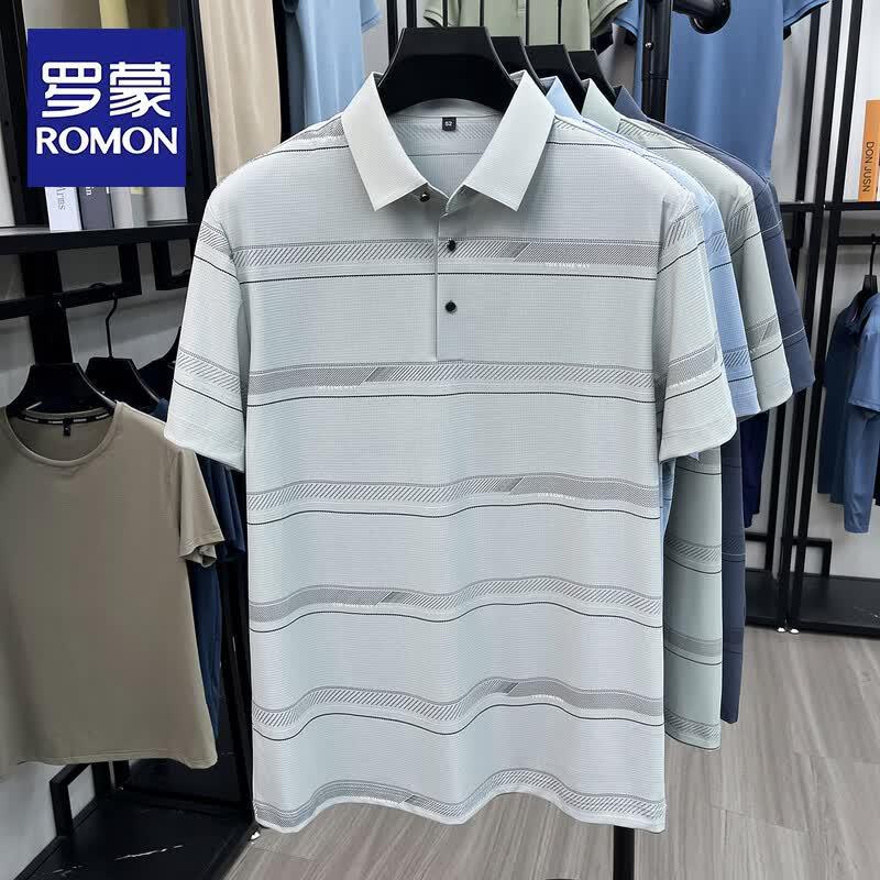 ROMON Men s Casual Striped Lapel Polo T-Shirt 2XL