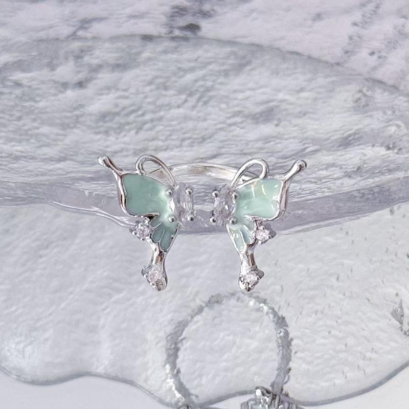 Retro Emaille Verschmiert Grau-Grün Schmetterling Personalisierbarer Öffnungsring Damen Weiß Exquisite Blume High-End Super Fee Ring